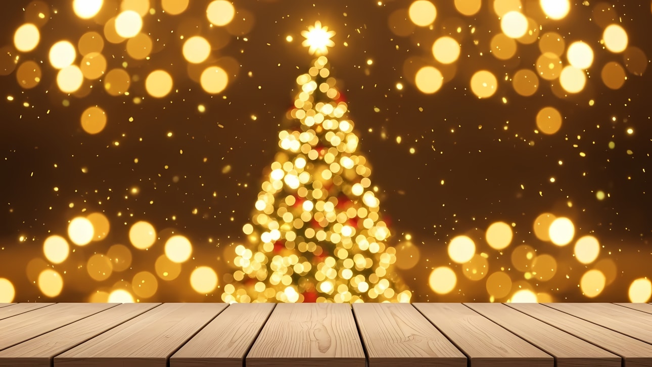 Golden bokeh Christmas tree with a sparkling background and a clean wooden table for your product presentations.