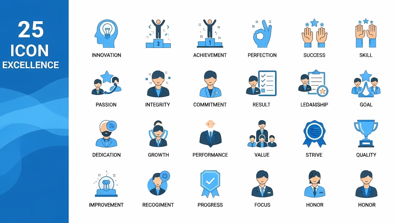 Download a free vector set of 25 excellence icons covering business, personal growth, and success concepts.