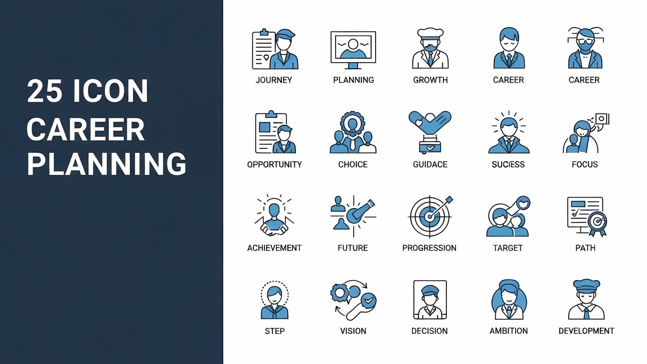 Explore a free vector set of 25 modern career planning icons, perfect for illustrating professional growth, development, and success in your proj