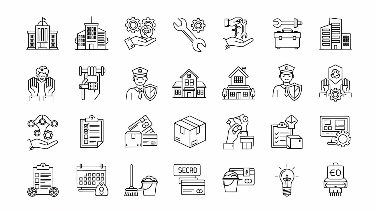 Discover a comprehensive set of line icons for various services including business, home, security, maintenance, and logistics.