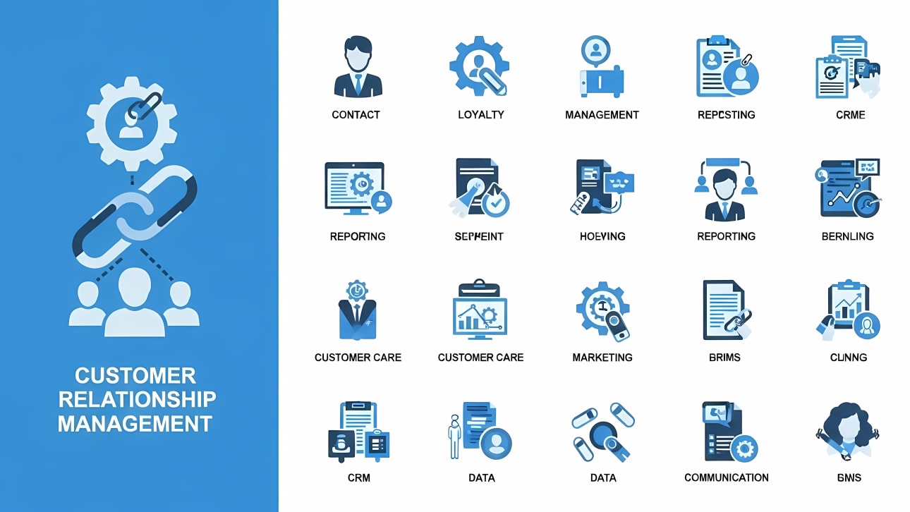 A comprehensive set of flat design icons for Customer Relationship Management (CRM), covering contact, loyalty, and reporting.