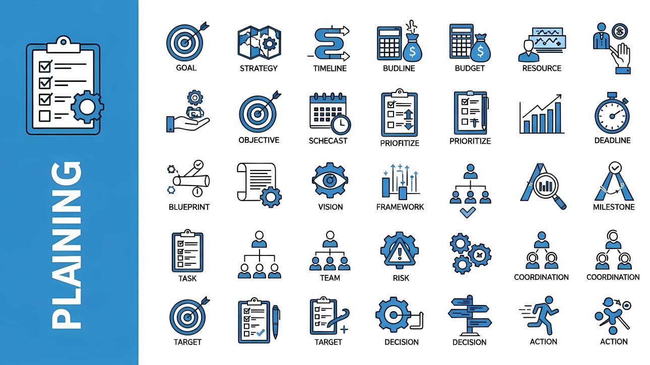 Download this free vector icon set featuring essential business planning and strategy concepts like goals, budget, timeline, and tasks.