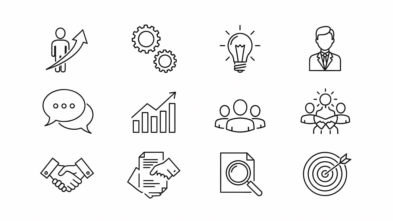 Explore this comprehensive set of business and management line icons, perfect for representing growth, strategy, teamwork, and ideas.