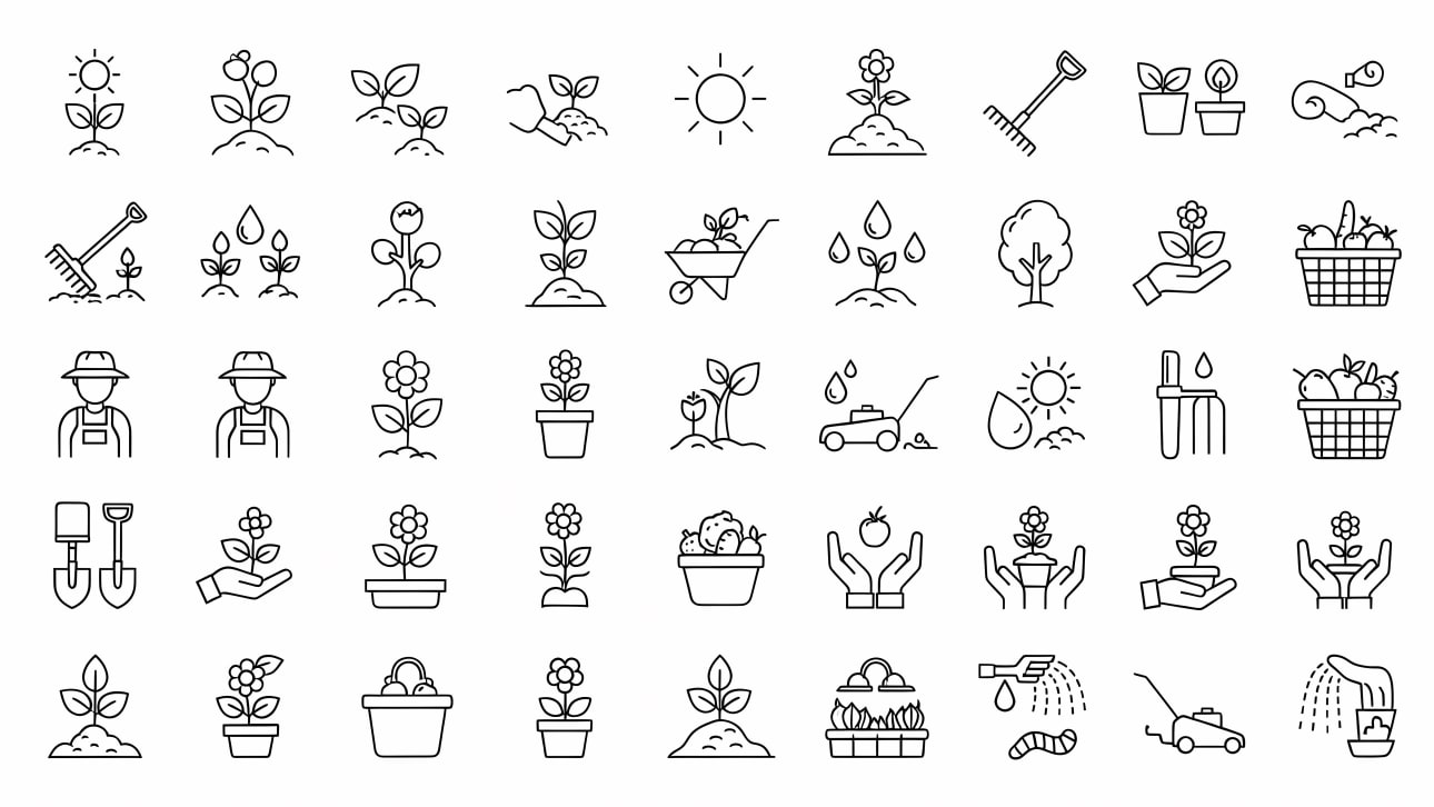 Explore a comprehensive set of line art icons depicting gardening, plant growth, and agricultural tools.
