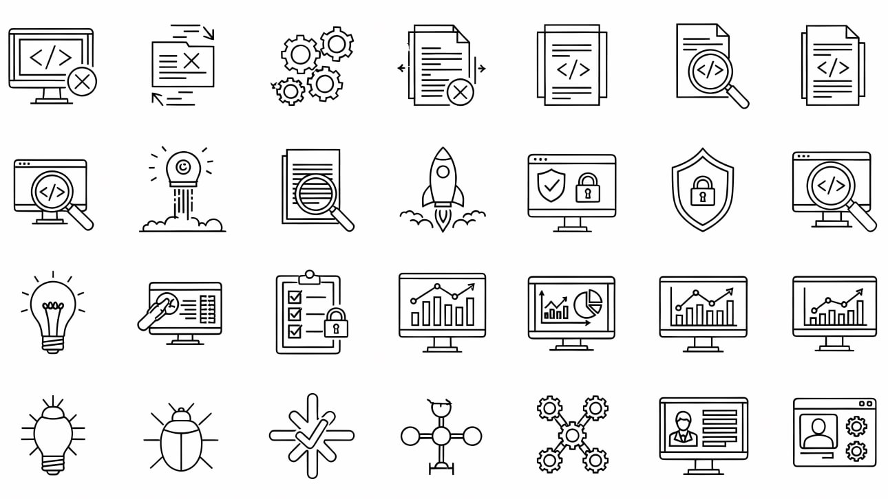 Discover a versatile set of outline vector icons for software development, IT security, data analysis, and programming.