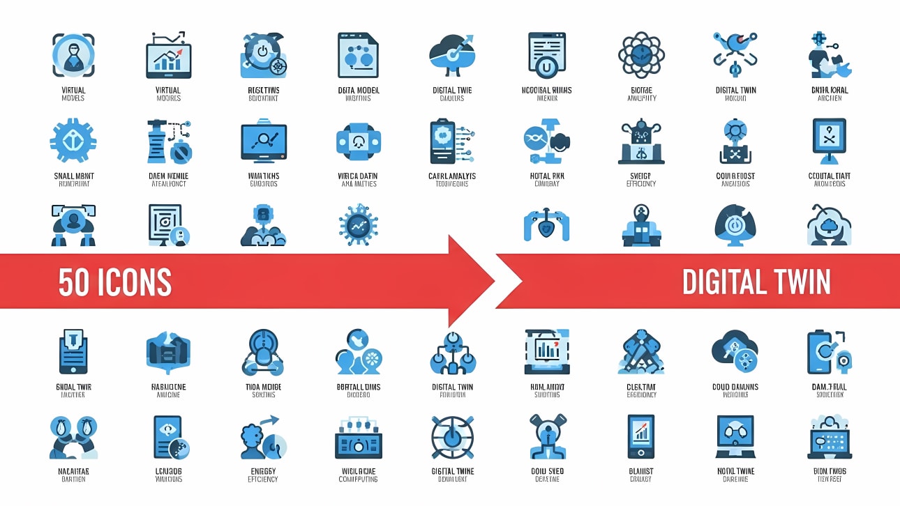 Explore a comprehensive set of 50 flat digital twin technology vector icons.