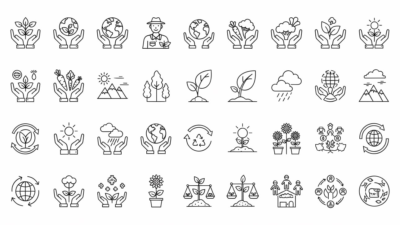 Download a versatile set of outline icons for nature, ecology, farming, and environmental protection. Perfect for web, app, and print designs.