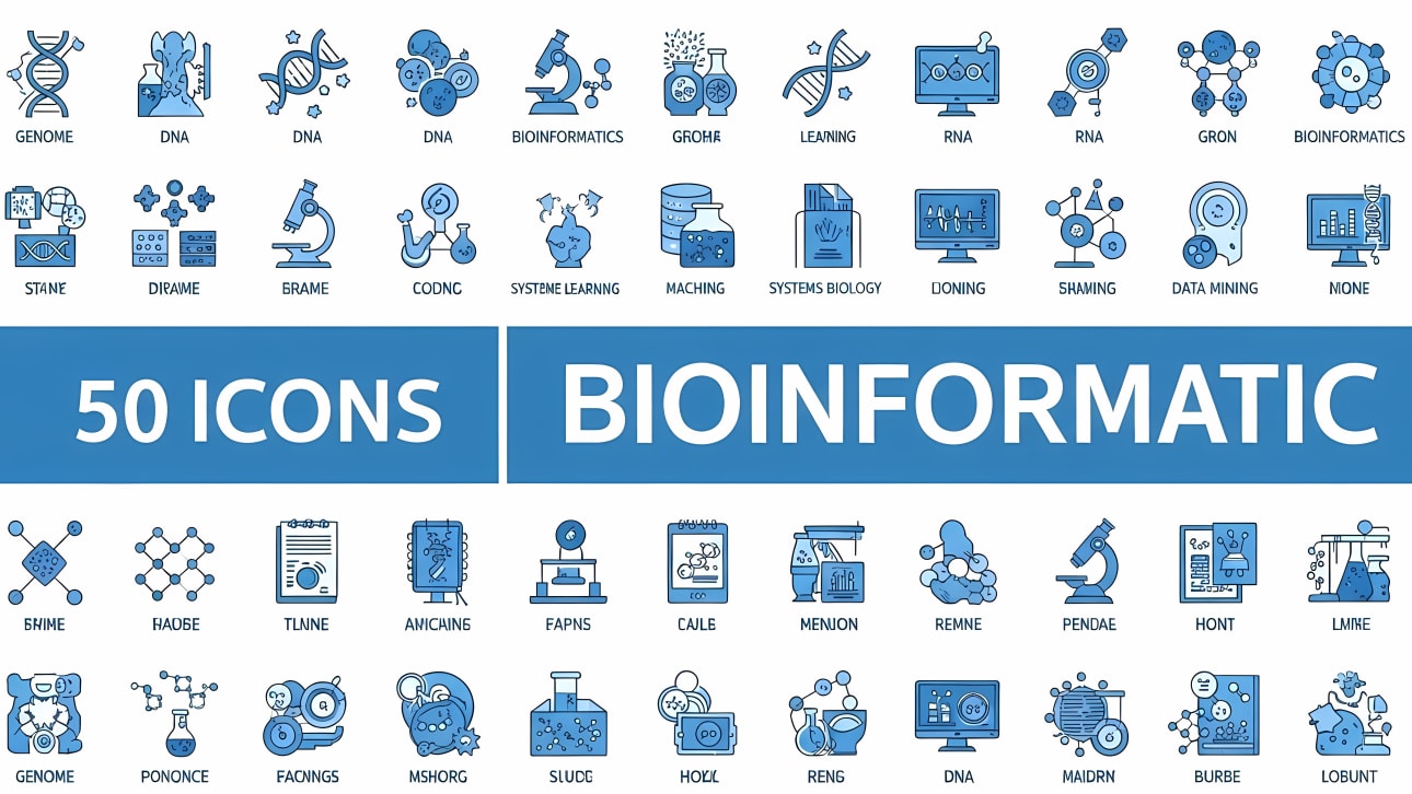 Explore a comprehensive set of 50 bioinformatics, DNA, and molecular biology icons in a sleek flat line vector style.