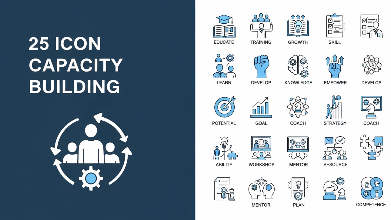 25 free vector capacity building icons: education, training, skill, growth, development, strategy, coaching.
