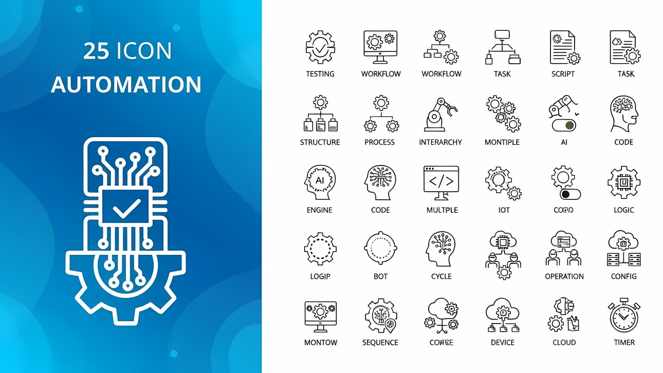 Download 25 free outline icons for automation, AI, and technology. Perfect for apps, websites, presentations, and infographics.