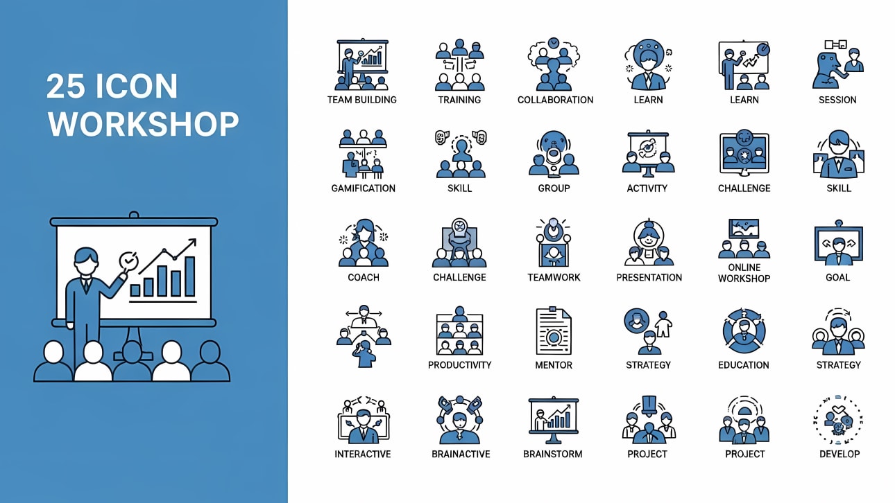 Download this free vector icon set featuring 25 workshop, training, and business-related concepts.