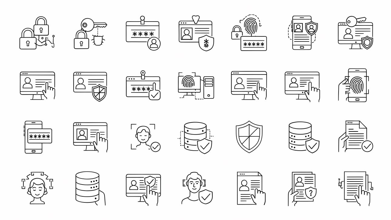 Comprehensive set of line icons for cybersecurity, data privacy, and authentication.