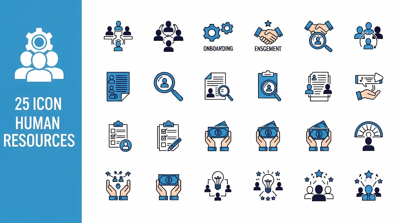 Download this comprehensive set of 25 flat Human Resources (HR) icons.