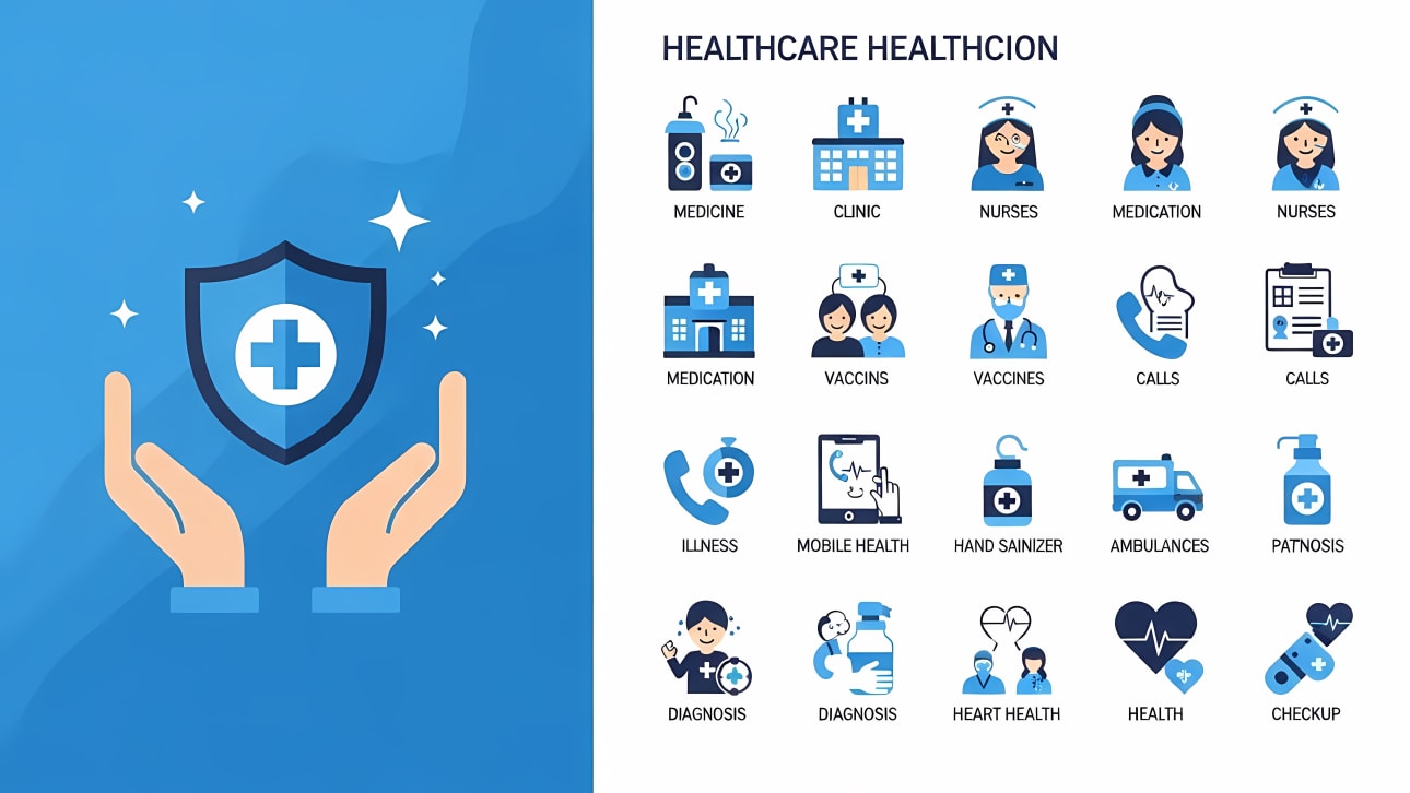 Comprehensive free vector set of healthcare and medical icons, including clinic, nurses, vaccines, diagnosis, and health protection.