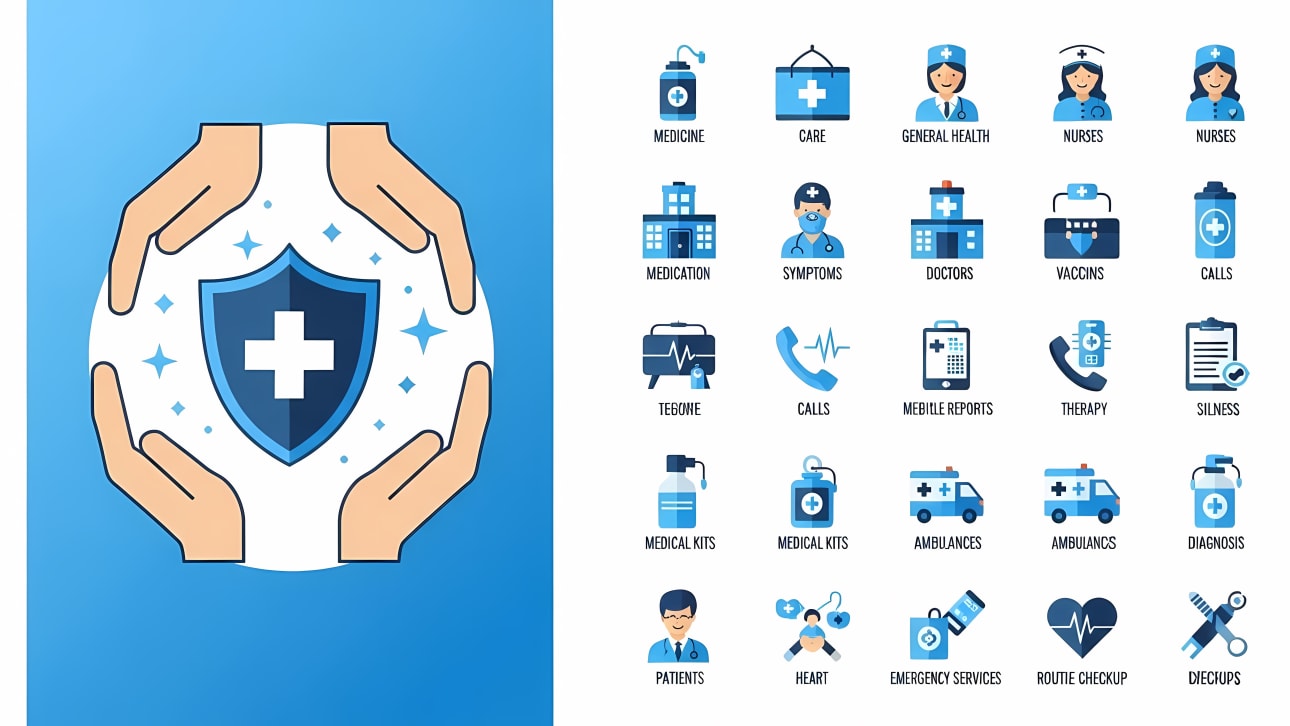 A comprehensive set of flat design healthcare and medical icons, including symbols for protection, doctors, hospitals, medicine, and emergency se