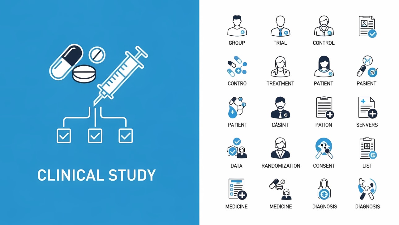 Comprehensive collection of clinical study and medical research vector icons.