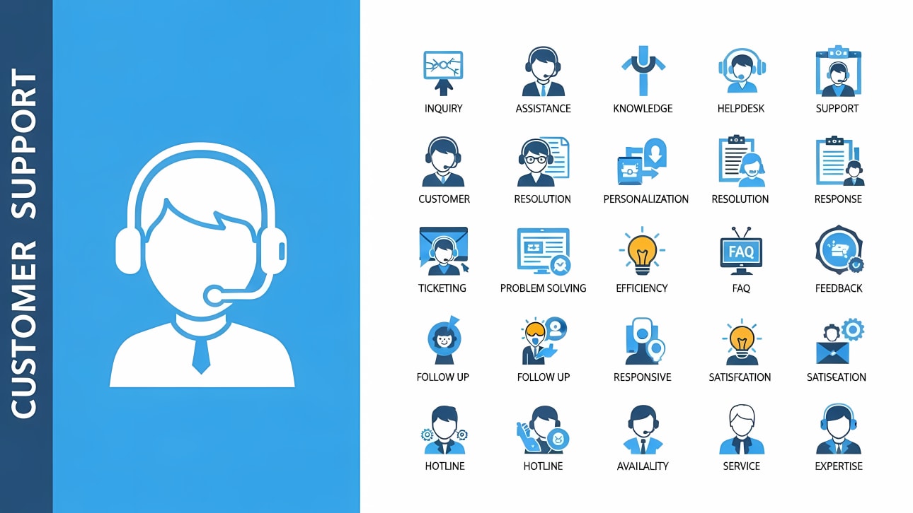 Download this comprehensive collection of modern flat design icons for customer support, helpdesk, and service.
