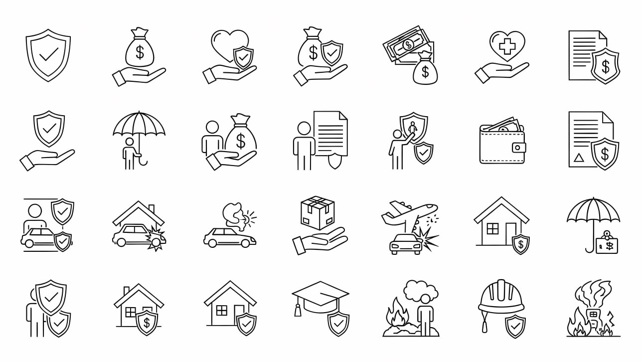 Download this comprehensive set of outline icons representing various insurance types like health, life, property, and auto.