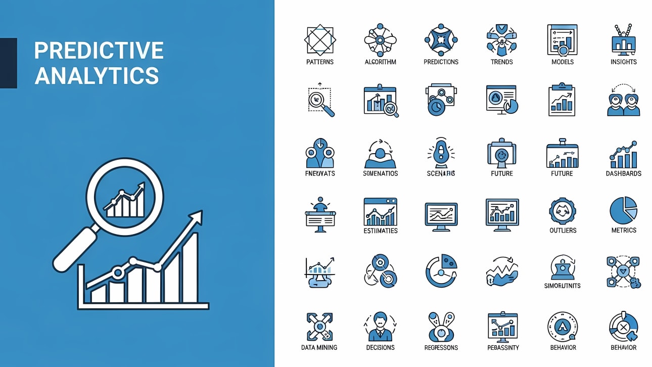 Discover a free vector icon set for predictive analytics, covering essential concepts like data patterns, algorithms, predictions, and trends.
