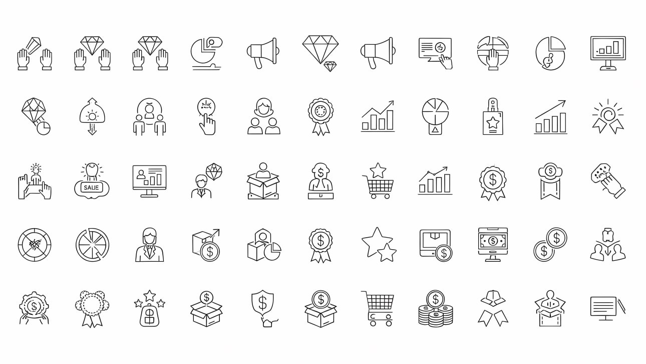 Comprehensive collection of business, marketing, e-commerce, and success line icons. Perfect for websites, apps, and presentations.