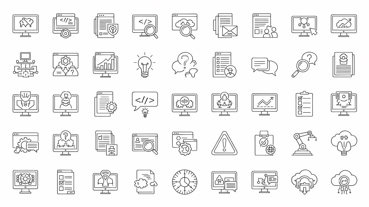 Explore a comprehensive set of line icons for digital transformation, software development, data management, and business processes.