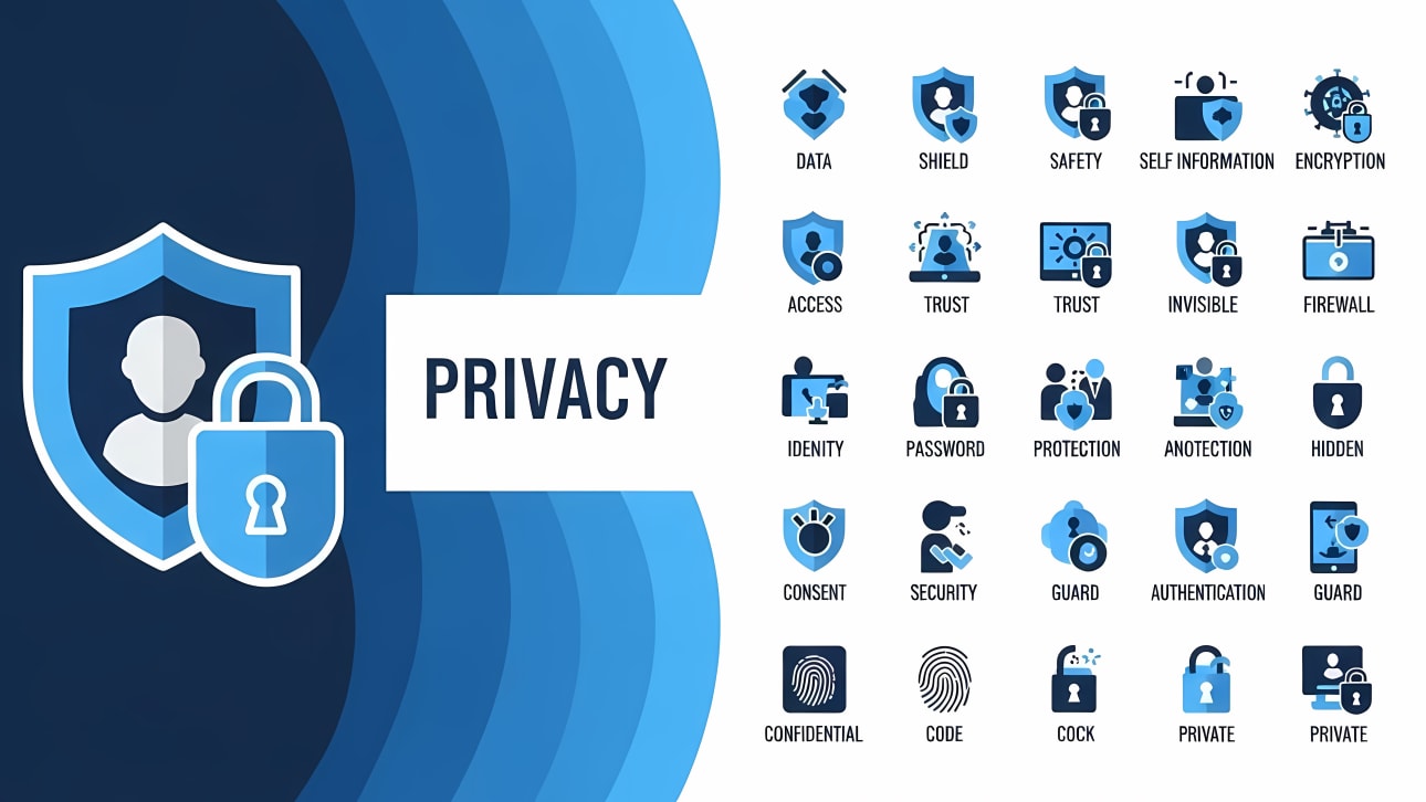 Comprehensive vector icon set featuring privacy and security concepts like data protection, encryption, and digital safety.