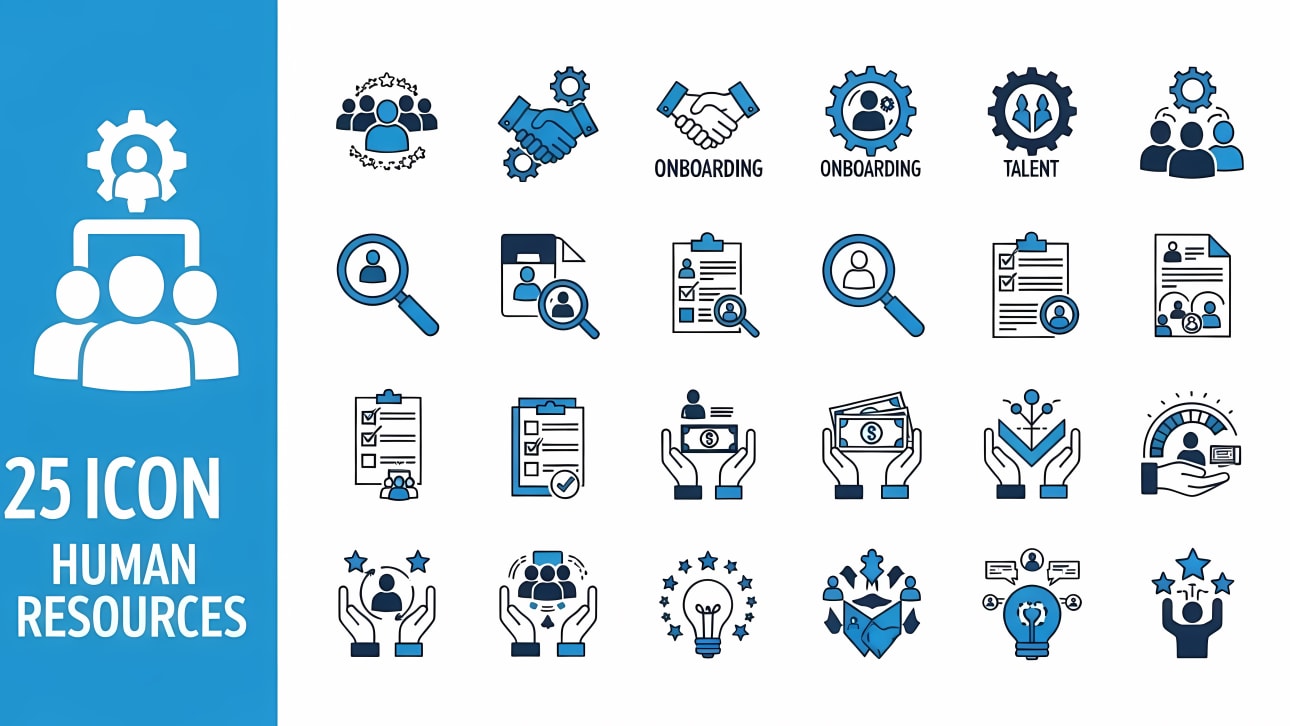 Download this comprehensive set of 25 human resources icons, featuring symbols for recruitment, onboarding, talent management, and HR processes.