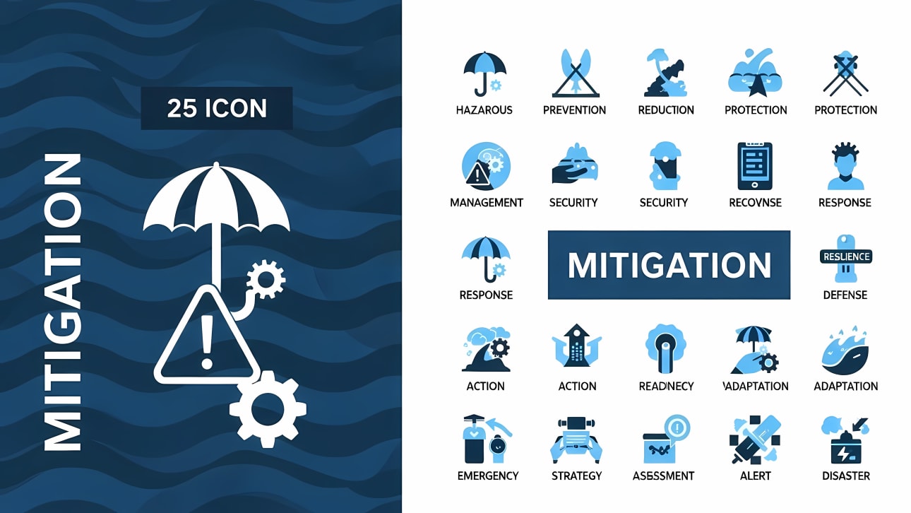 Comprehensive set of 25 flat vector icons for mitigation, disaster preparedness, and risk management.