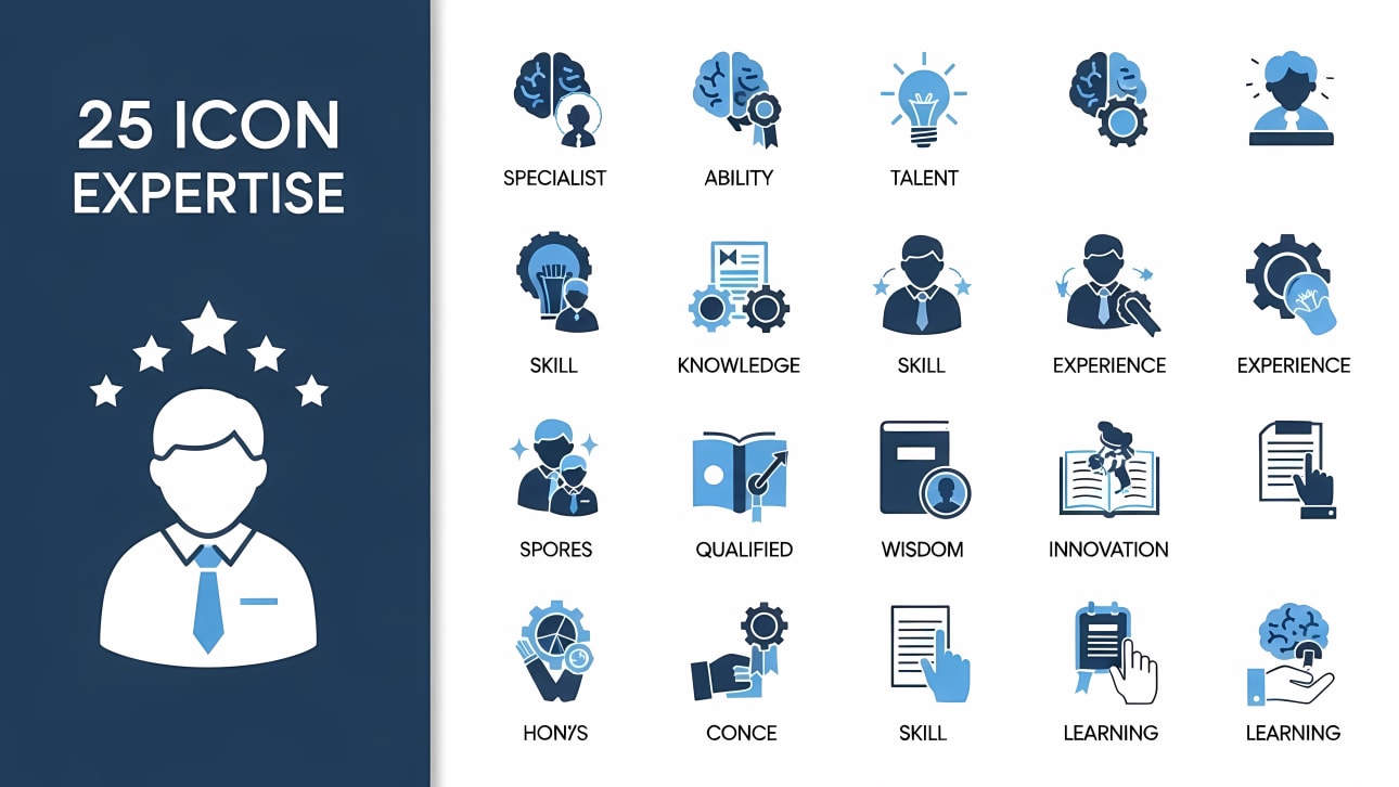 Download this versatile free vector set of 25 expertise icons.