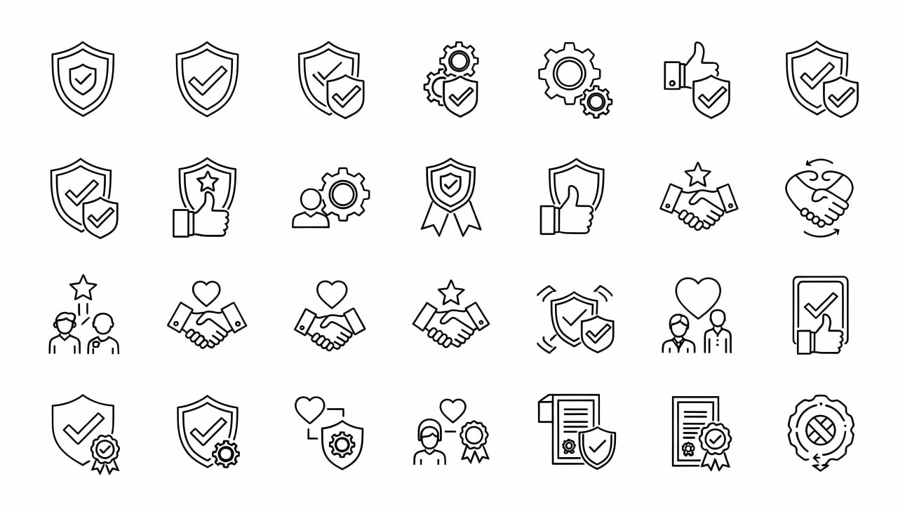 Download a versatile set of line icons for quality assurance, security, trust, and service. Perfect for websites, apps, and presentations.
