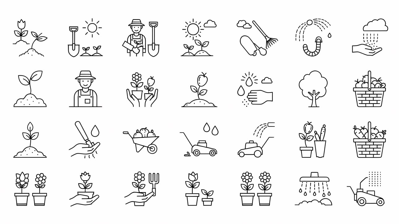 Explore this extensive set of outline vector icons for gardening, planting, and agriculture. Perfect for web, app, and print design projects.