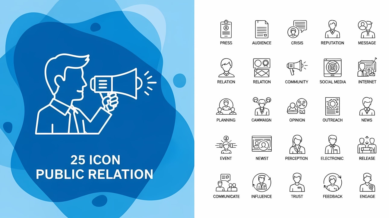 Download this comprehensive set of 25 outline public relations icons. Perfect for marketing, communication, and media projects.
