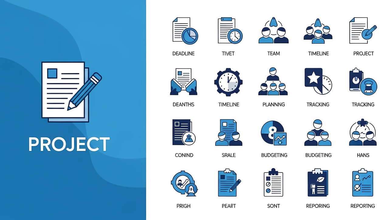 A comprehensive set of blue and black line vector icons for project management, planning, team collaboration, deadlines, and reporting.