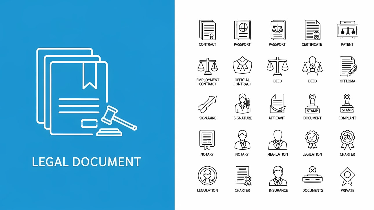 Explore this comprehensive set of outline vector icons for legal documents, law, and justice.