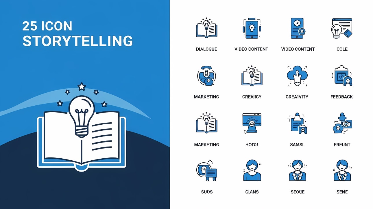 A set of 25 modern vector icons for storytelling, content creation, and marketing. Concepts include dialogue, creativity, feedback, and more.