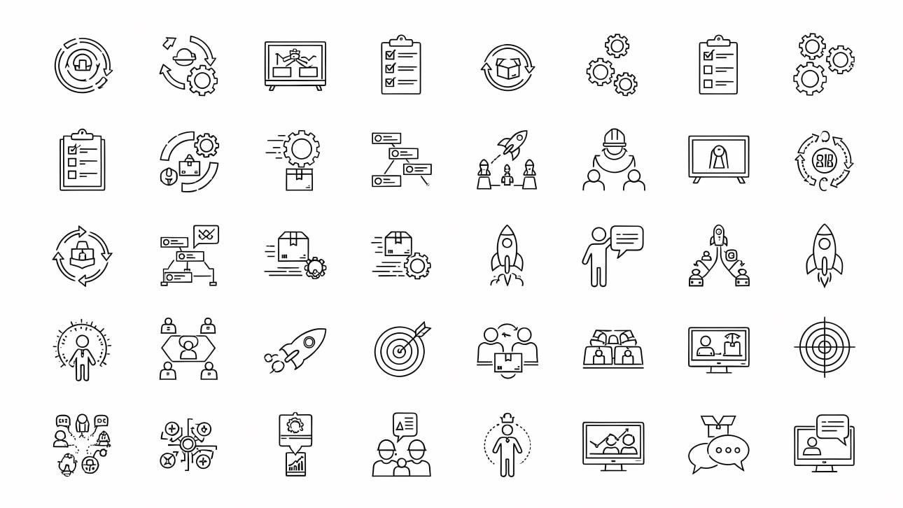 Explore a versatile collection of outline icons for business processes, agile development, project management, and startup concepts.