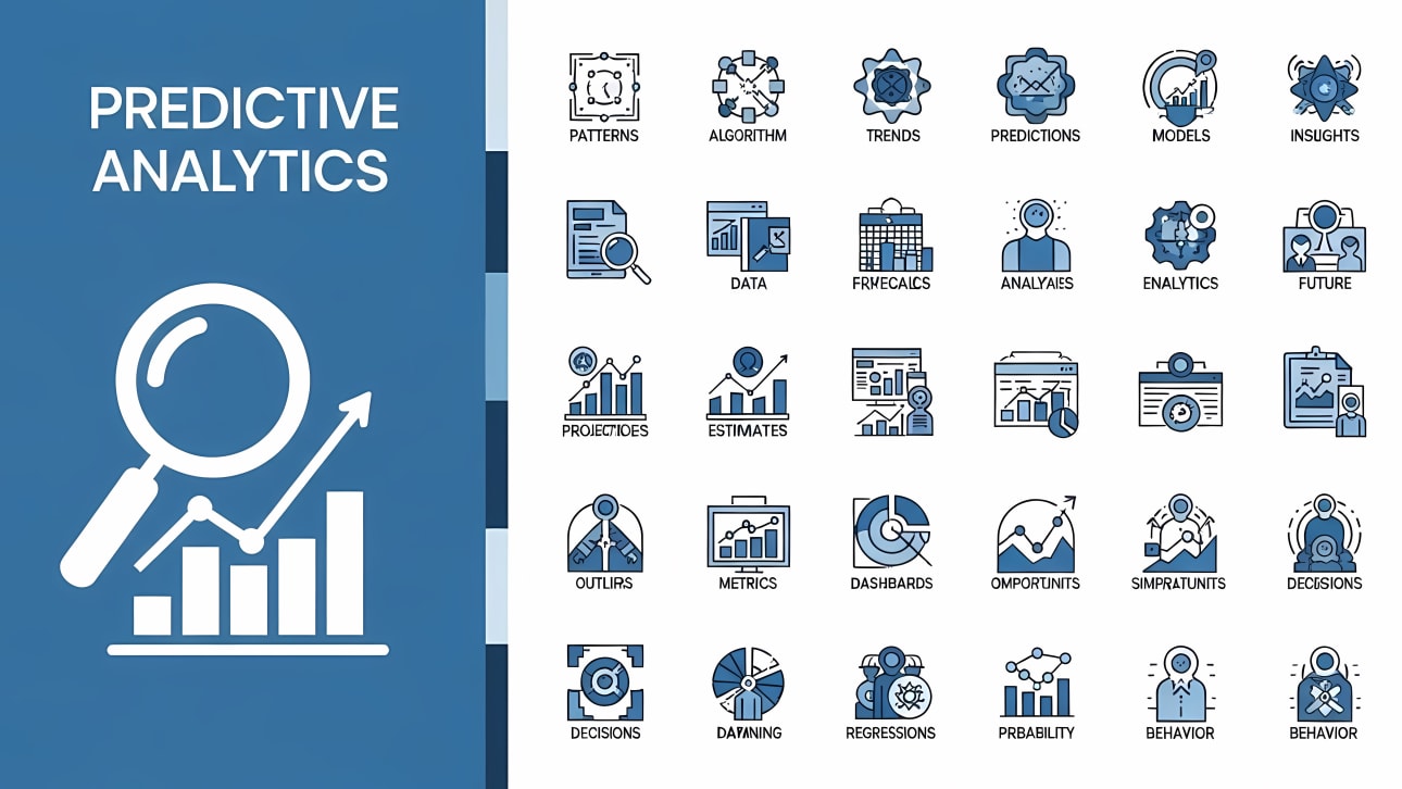 Explore a comprehensive set of predictive analytics vector icons covering data, trends, forecasts, models, and more.