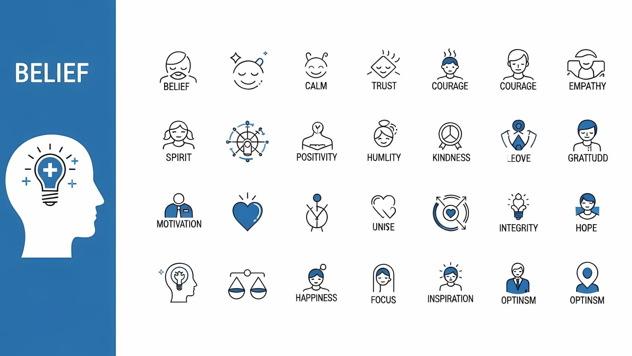 Discover a versatile free vector icon set for belief, courage, trust, and positive human values. Perfect for web, print, and UI design projects.