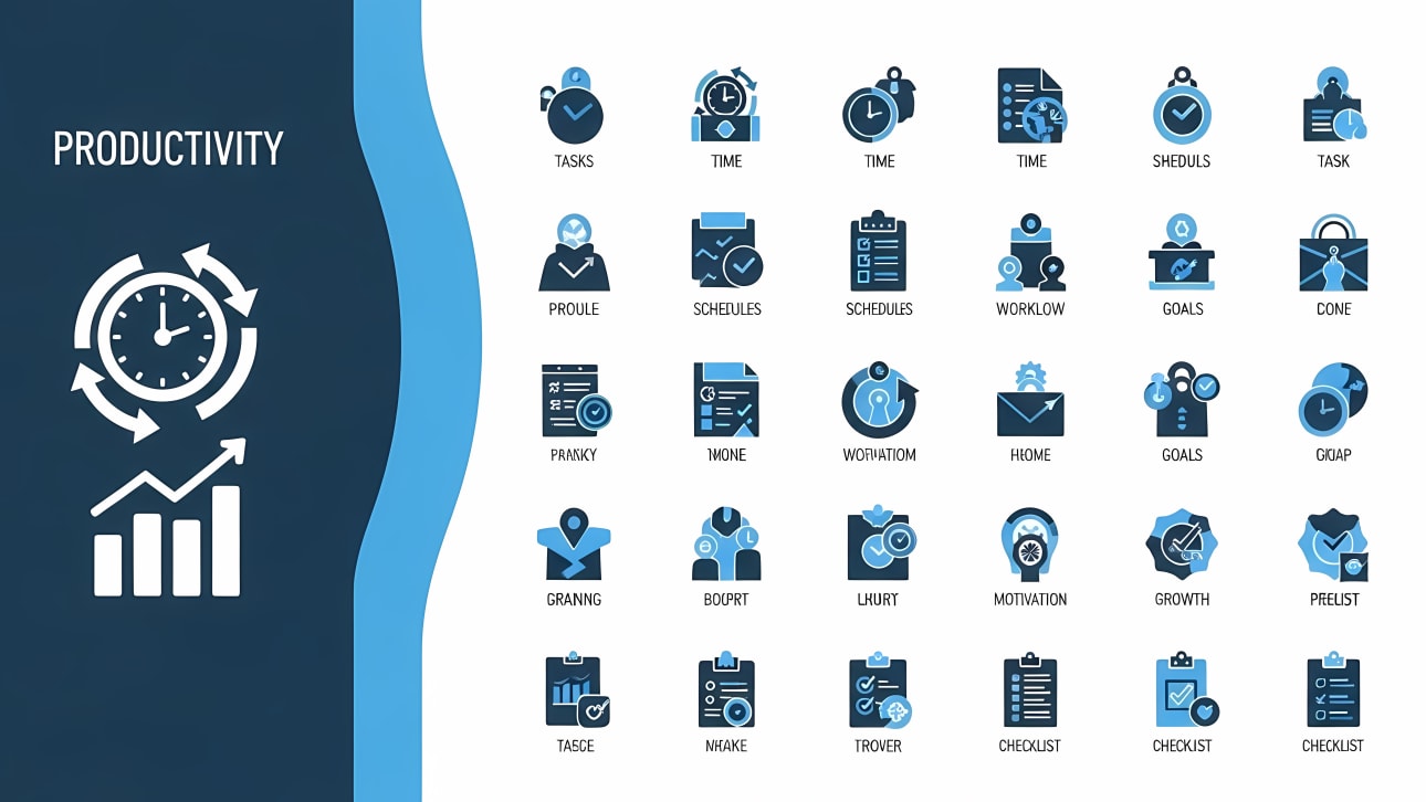Download this free vector pack of productivity, time management, and task organization icons.