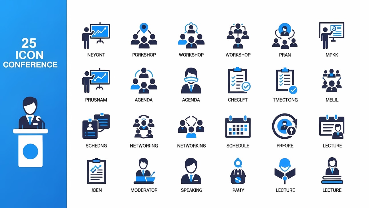 Download this free vector set of 25 conference and workshop icons. Perfect for presentations, event apps, and business designs.