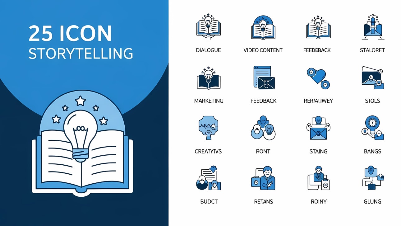 A collection of 25 vector icons for storytelling, content creation, and idea generation. Featuring a modern line art style with blue accents.