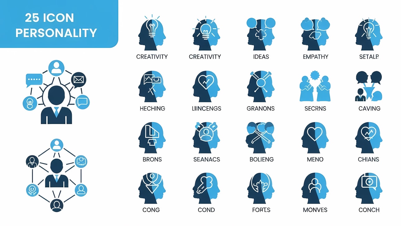 A collection of 25 unique personality and human trait icons. Perfect for psychology, HR, business, and educational projects.