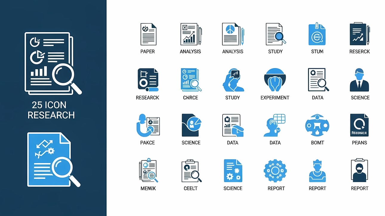 Download this versatile set of 25 research and analysis icons in a modern blue and black style.
