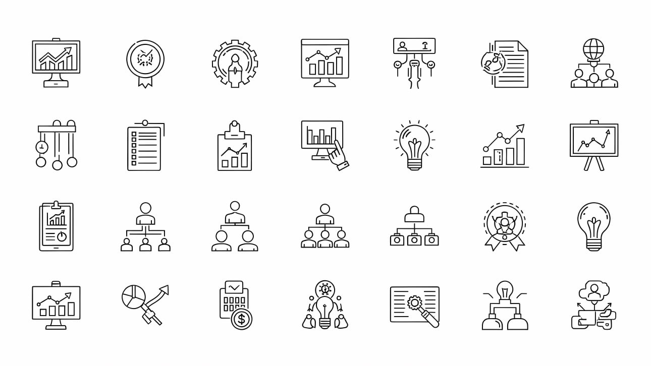 Download this versatile collection of business strategy, data analytics, and management icons. Perfect for presentations, websites, and apps.