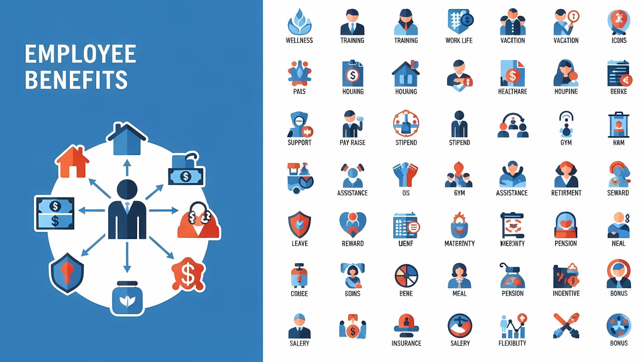 Explore a comprehensive free vector of employee benefits icons, featuring an infographic and a wide range of HR-related perks like healthcare, ho