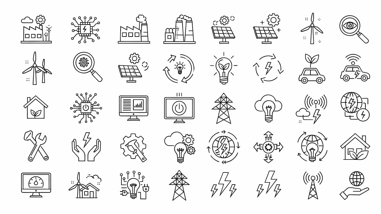 Explore a versatile collection of outline icons covering sustainable energy, industry, and technology.