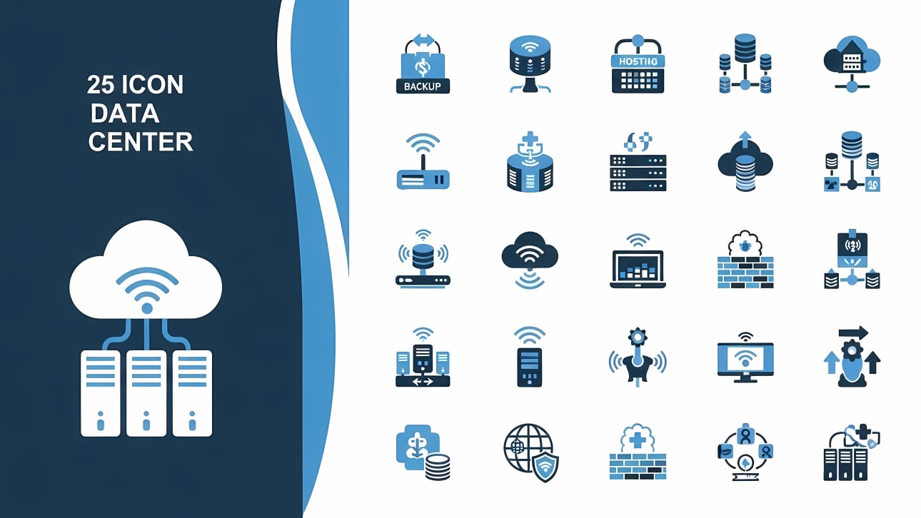 Explore 25 modern data center icons covering cloud computing, hosting, servers, and networking. Perfect for web design, apps, and presentations.