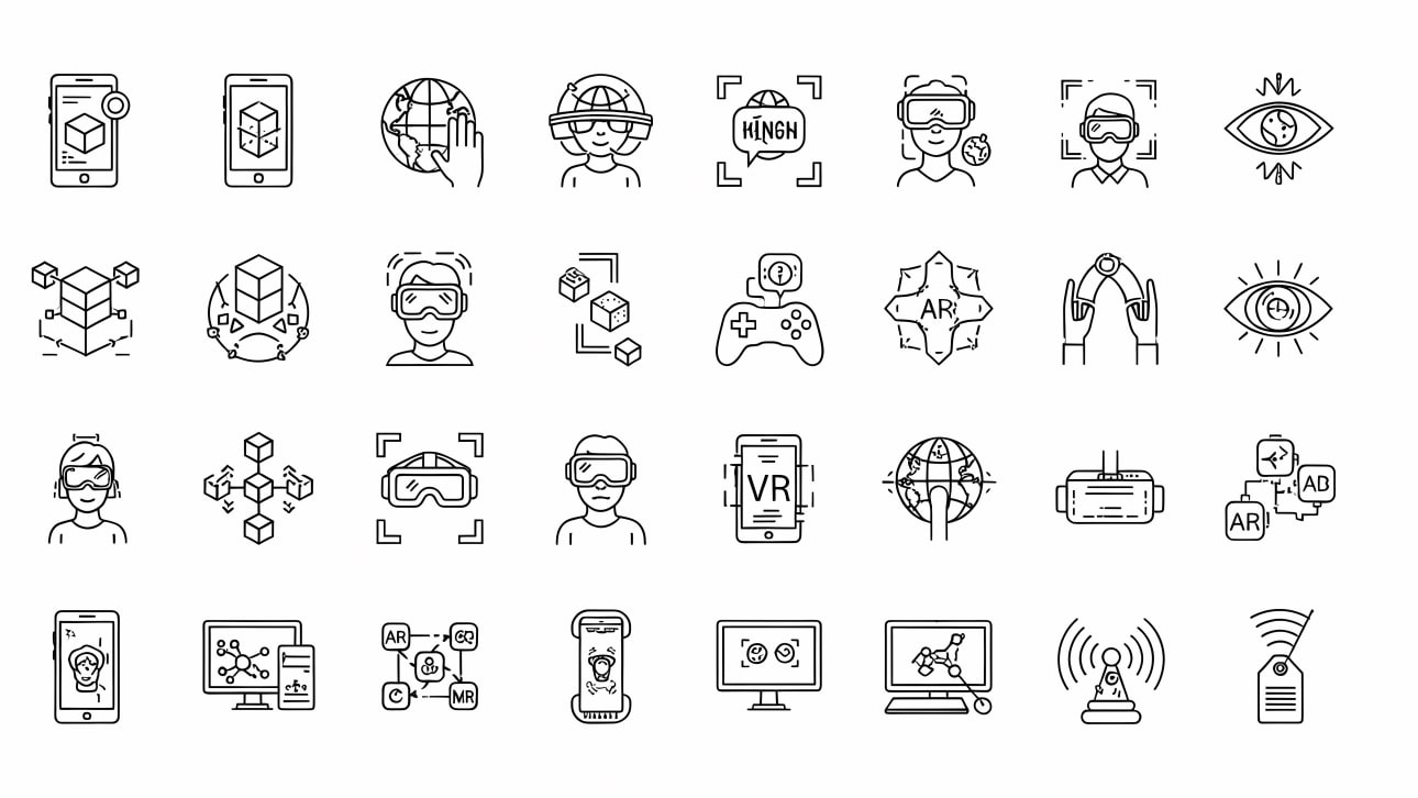 Explore a comprehensive set of AR, VR, and XR line icons. Perfect for projects on metaverse, virtual reality, augmented reality, and future tech.