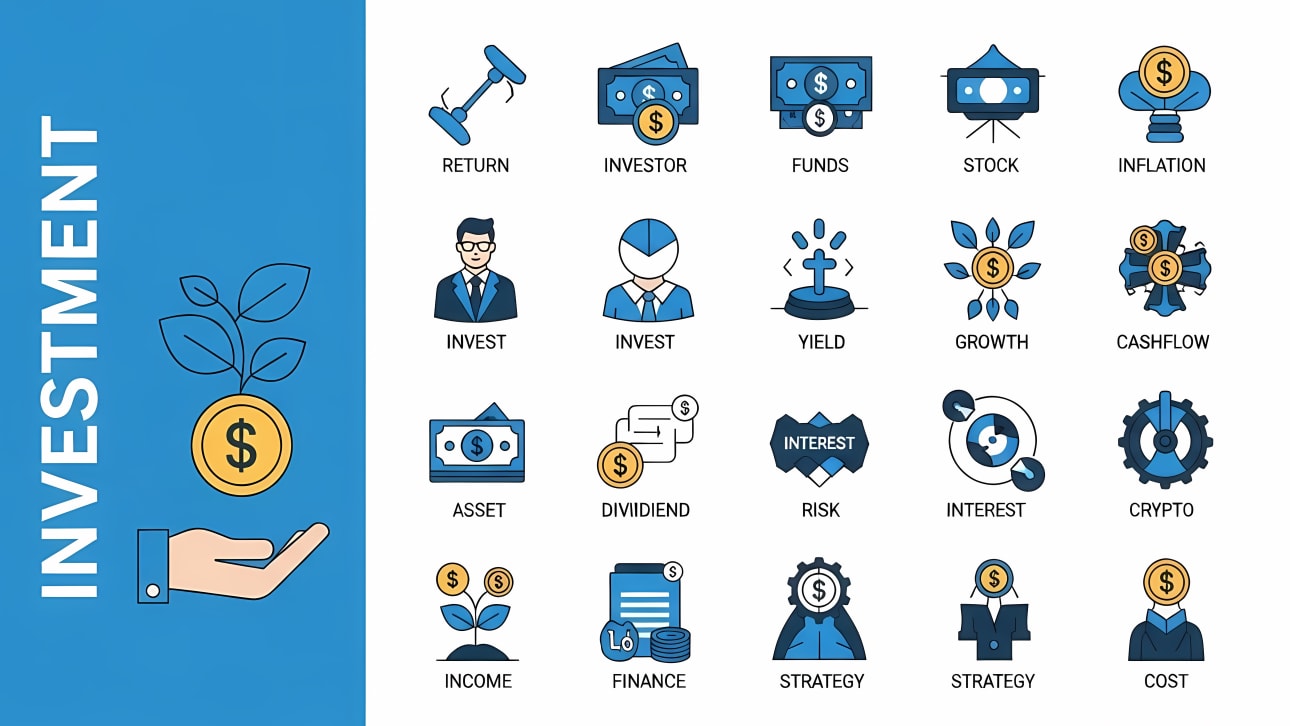 Explore 24 modern flat vector icons for investment and finance. Covering concepts like growth, assets, risk, and crypto.