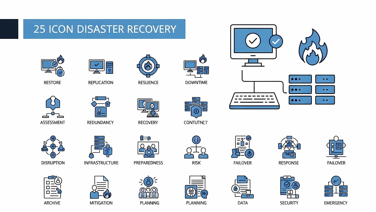 Download 25 free vector disaster recovery icons for IT planning, business continuity, and data security.